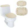 A white toilet seat with a beige velvet protector and tank protector shown next to the individual protectors.
