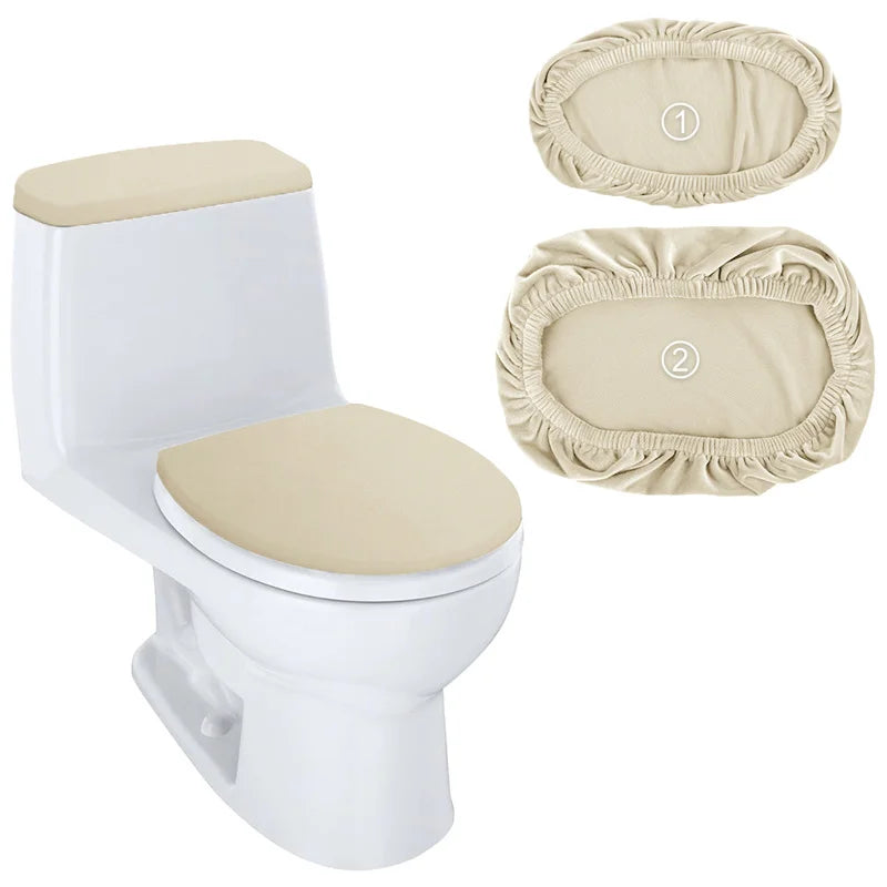 A white toilet seat with a beige velvet protector and tank protector shown next to the individual protectors.