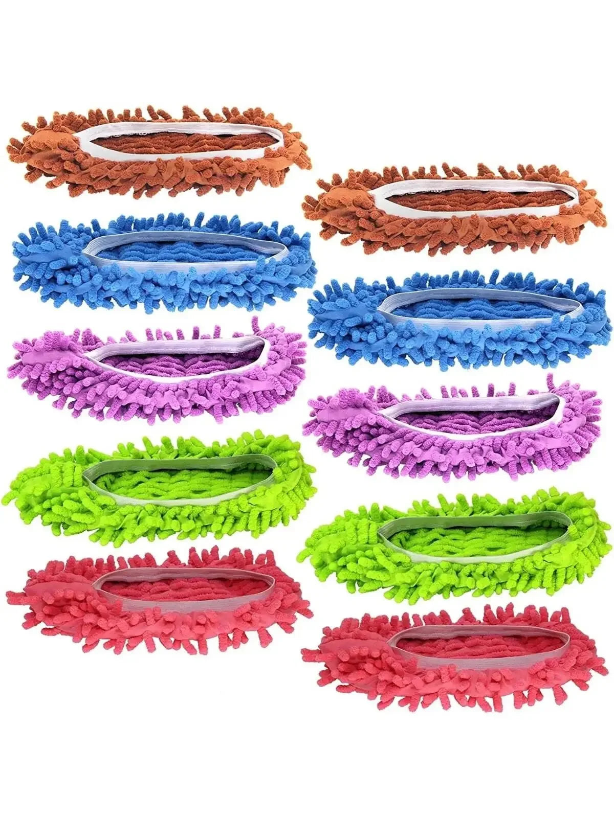 Fünf Paar Mikrofaser-Staubwischer-Slipper in verschiedenen Farben darunter Orange, Blau, Lila, Grün und Rot.