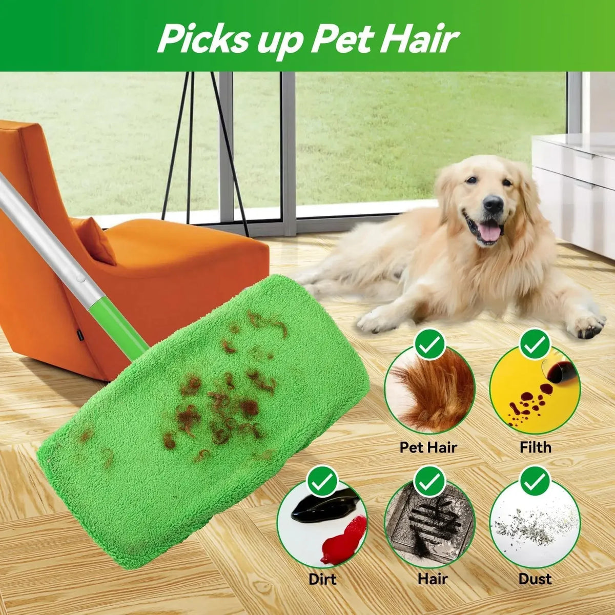 A green reusable microfiber mop pad is shown with various types of pet hair, filth, dirt, hair, and dust samples.