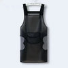 Black waterproof kitchen apron with a pocket and decorative stitching details.