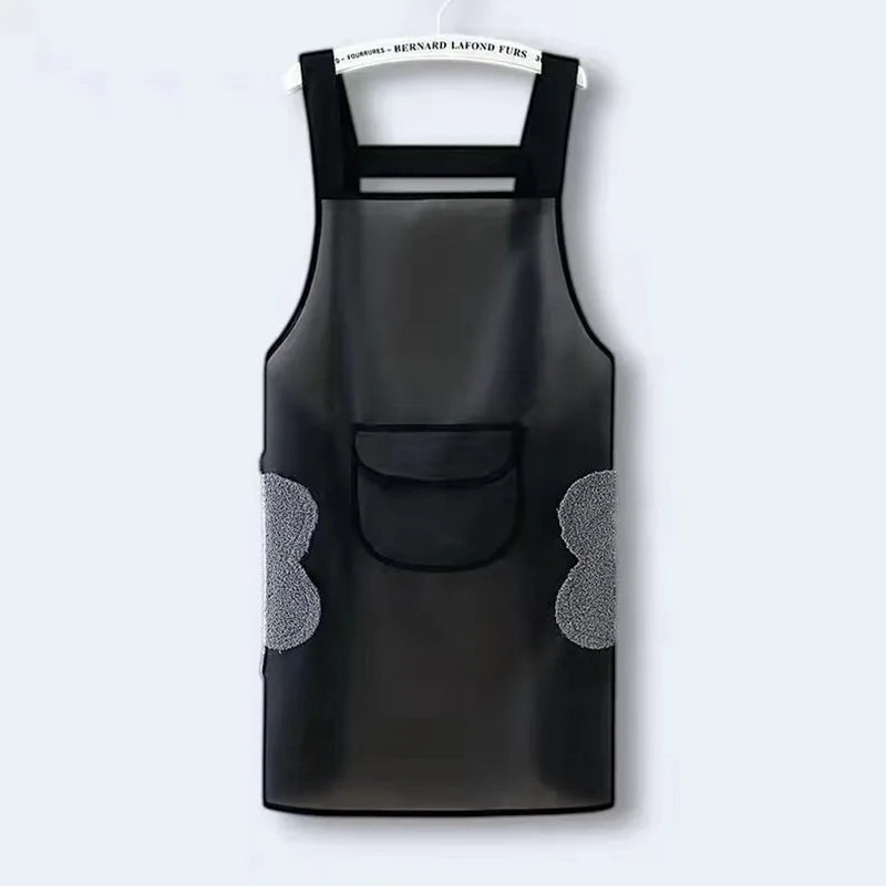 Black waterproof kitchen apron with a pocket and decorative stitching details.