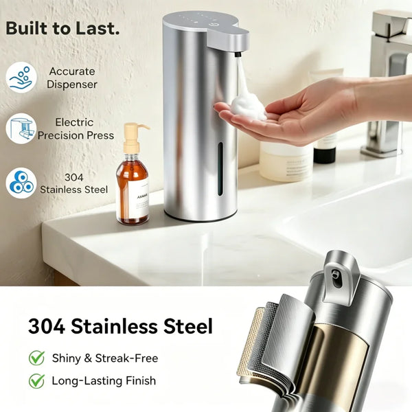 A silver touchless automatic foam soap dispenser is shown next to a bottle and a hand, highlighting its 304 stainless steel f