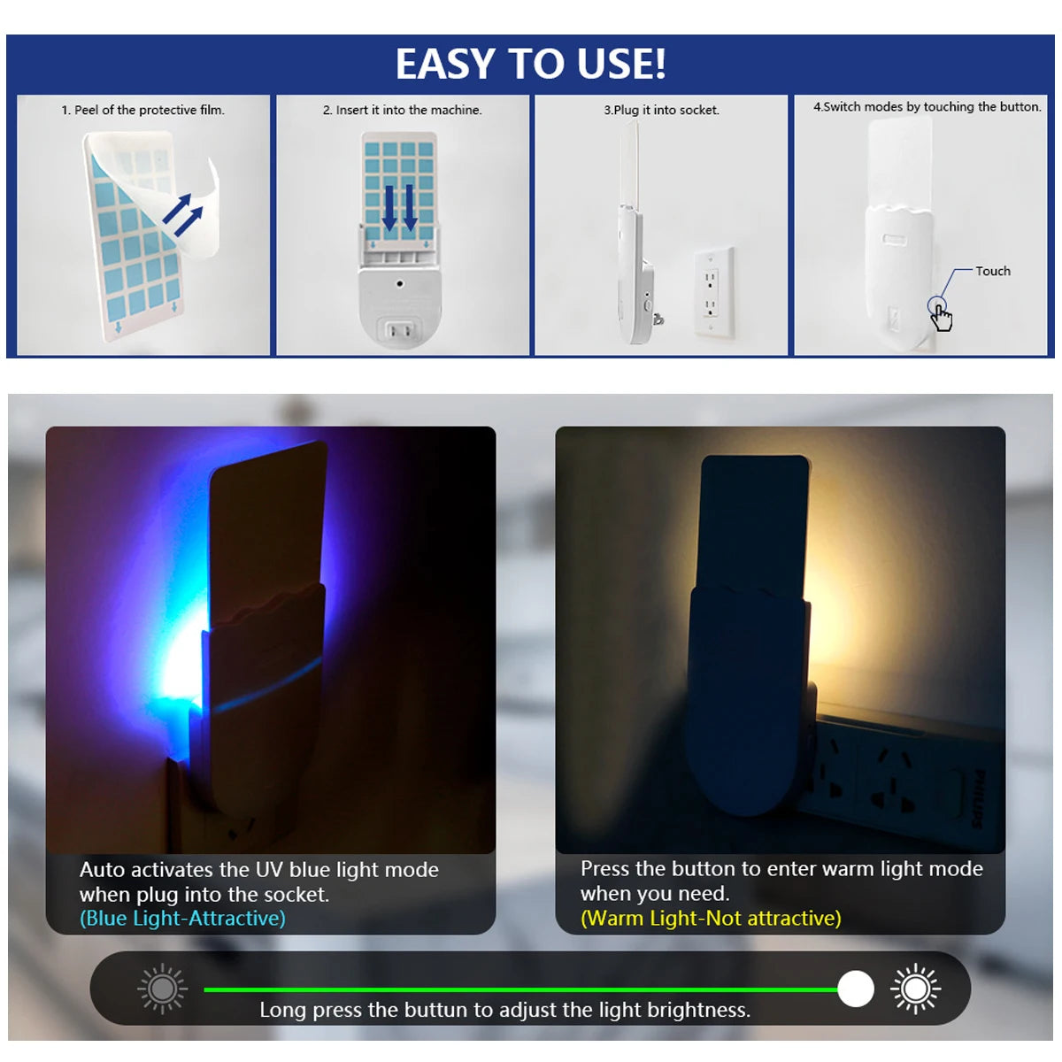 Instructions show how to use the adhesive mosquito killer lamp, including peeling a film, inserting it into the machine, plug