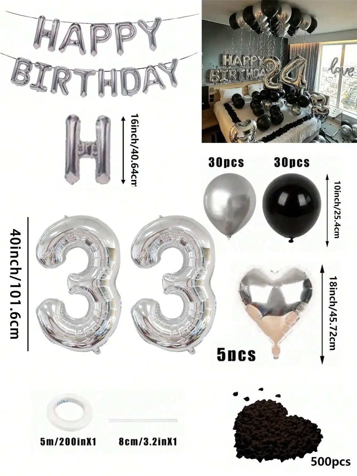 Un juego de globos con números y formas de corazón en papel metálico plateado y negro, con relleno tipo chocolate.