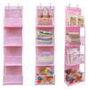 Pink over-the-door fabric storage organizer with multiple pockets for organizing small items
