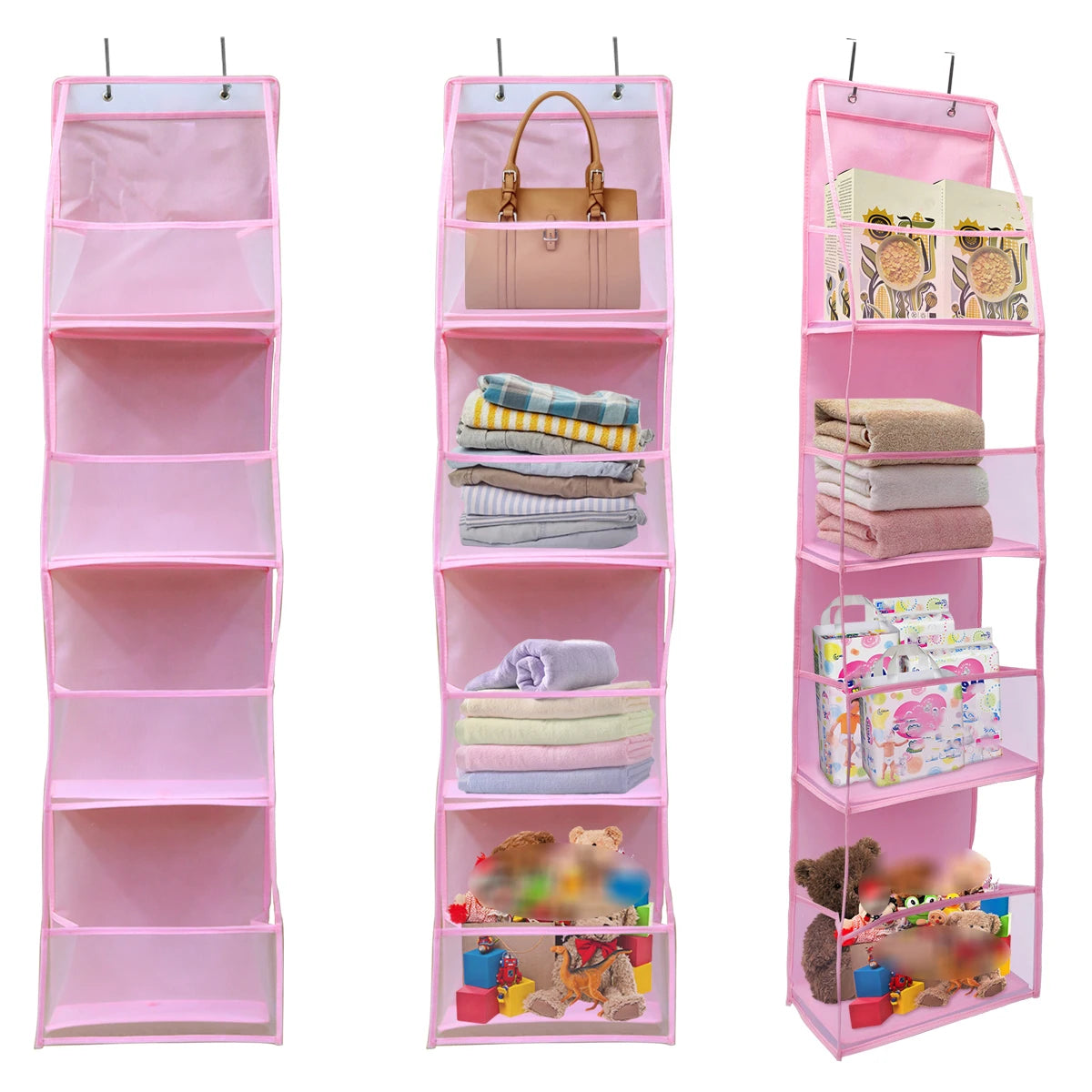 Pink over-the-door fabric storage organizer with multiple pockets for organizing small items
