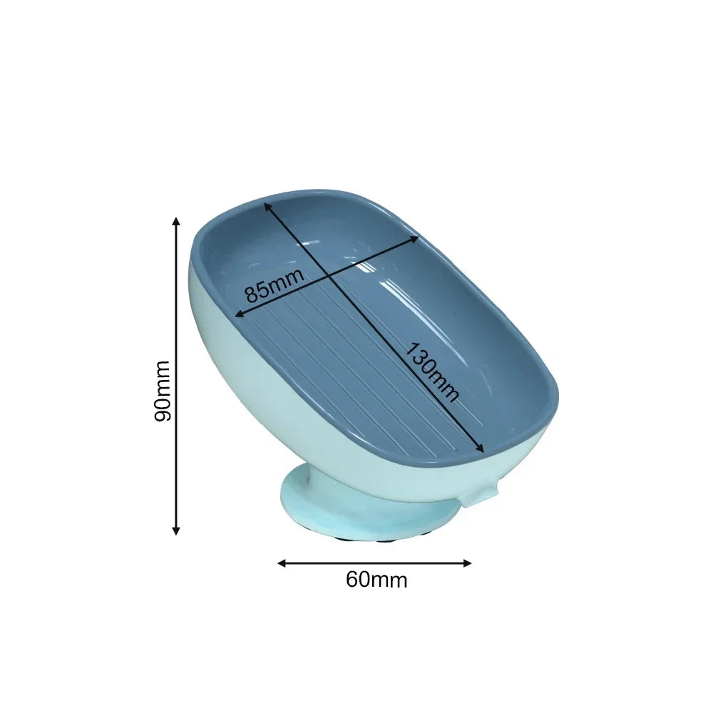 Light blue heavy duty suction cup soap dish with a drainer and measuring lines.