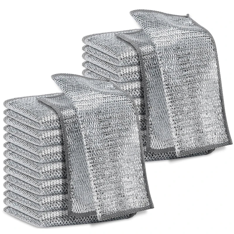 A stack of stainless steel wire dish cleaning cloths in a silver gray color.