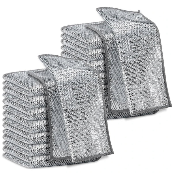 A stack of stainless steel wire dish cleaning cloths in a silver gray color.
