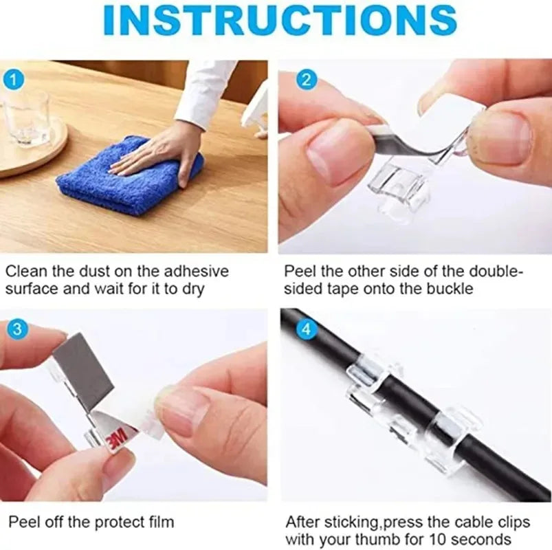 Instructions showing how to use heavy duty self-adhesive cable clips for cord management