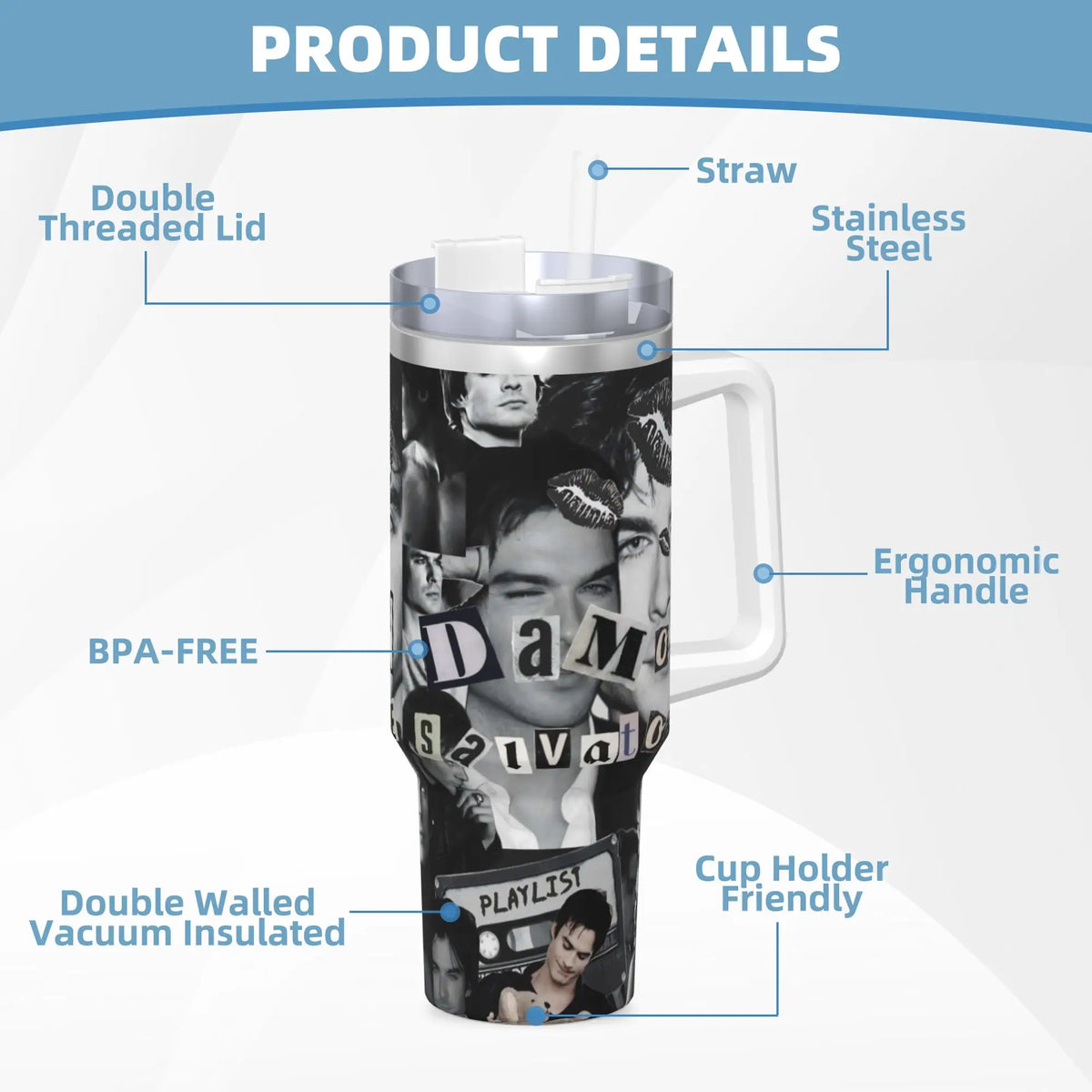 A black stainless steel tumbler featuring a collage of faces and the word SALVATOR, with details like a double threaded lid a