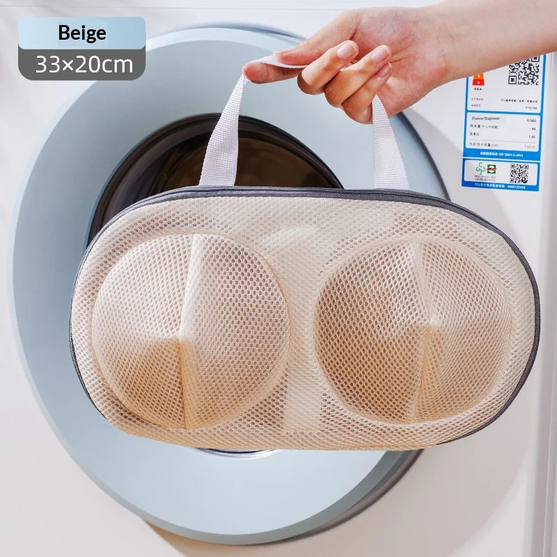 A beige mesh laundry bag is shown being placed inside a washing machine drum.