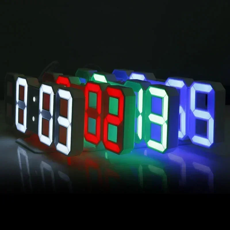 A row of 12-digit 3D LED digital alarm clocks displaying the time 8:08:13.