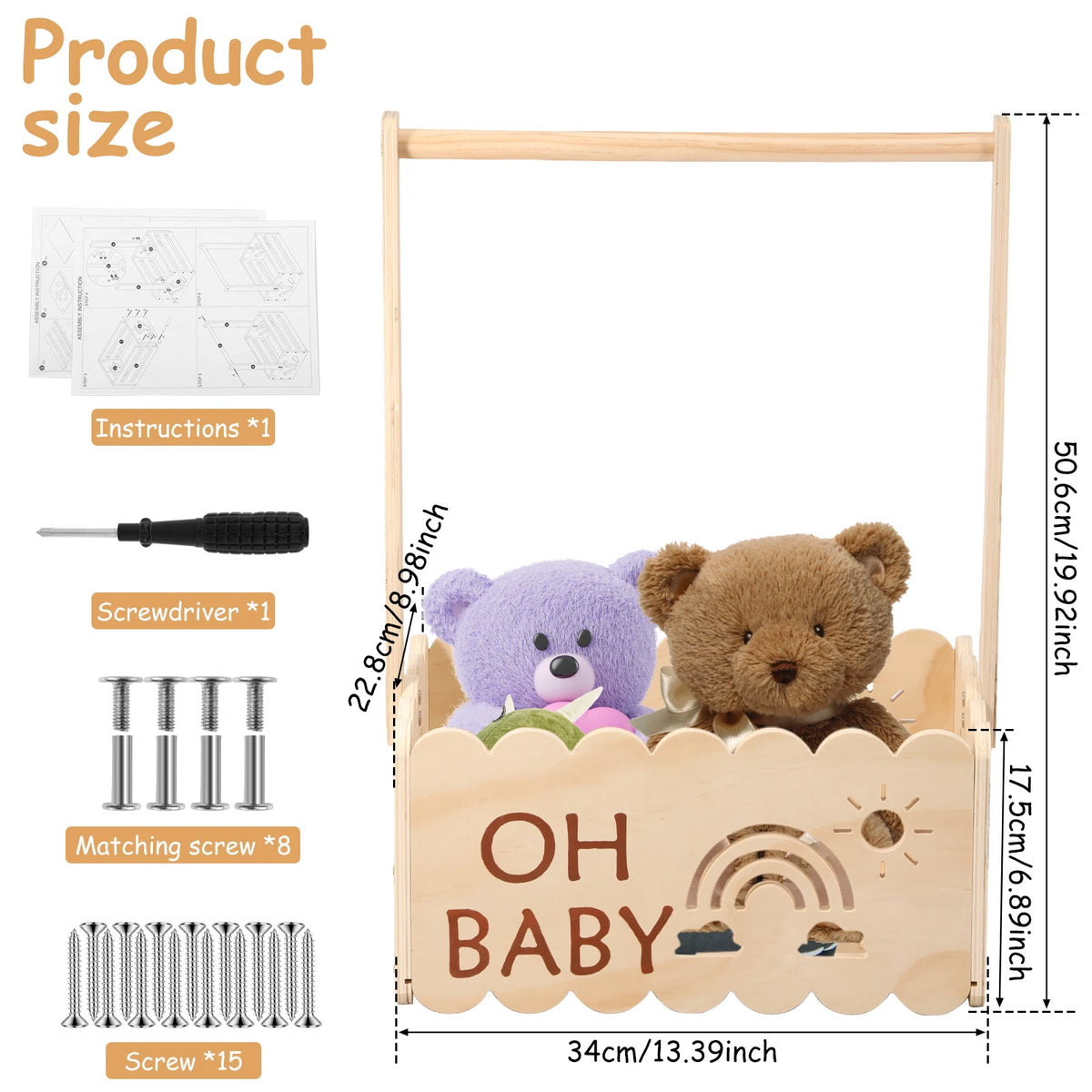 A wooden storage basket shaped like a baby, featuring a teddy bear, with accompanying instructions and hardware.