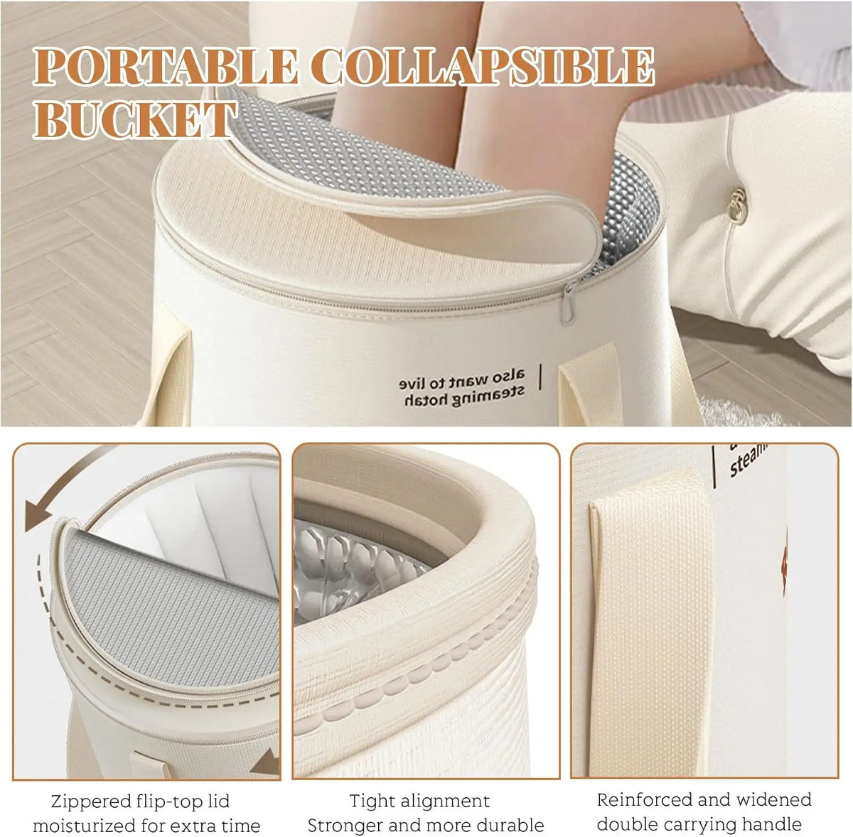 A portable collapsible bucket for foot soaking, showing various angles and features.