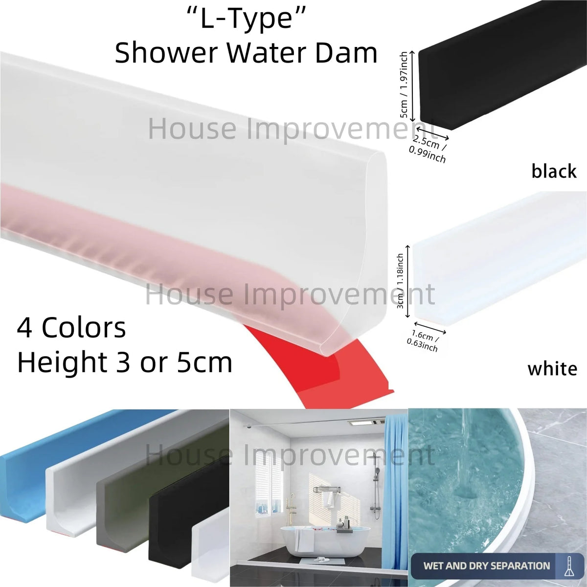 Silicone shower threshold water barrier strip in black and white colors for house improvement