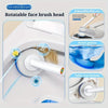 A disposable toilet brush head is shown cleaning a ceramic toilet bowl and a sewer groove.