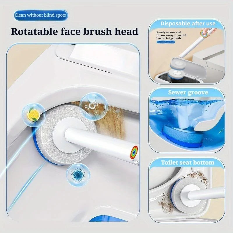A disposable toilet brush head is shown cleaning a ceramic toilet bowl and a sewer groove.