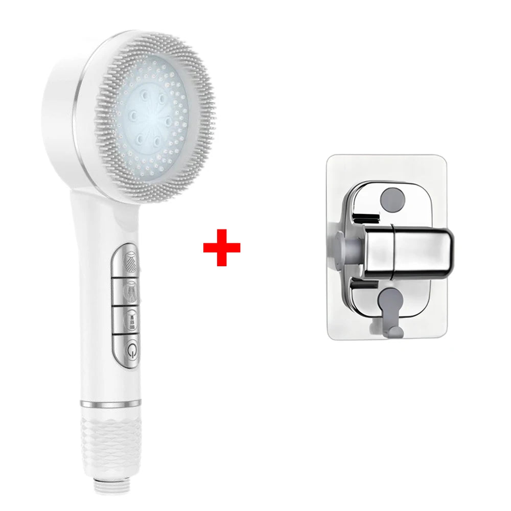A white high pressure shower head with a detachable cleaning head and a control unit.