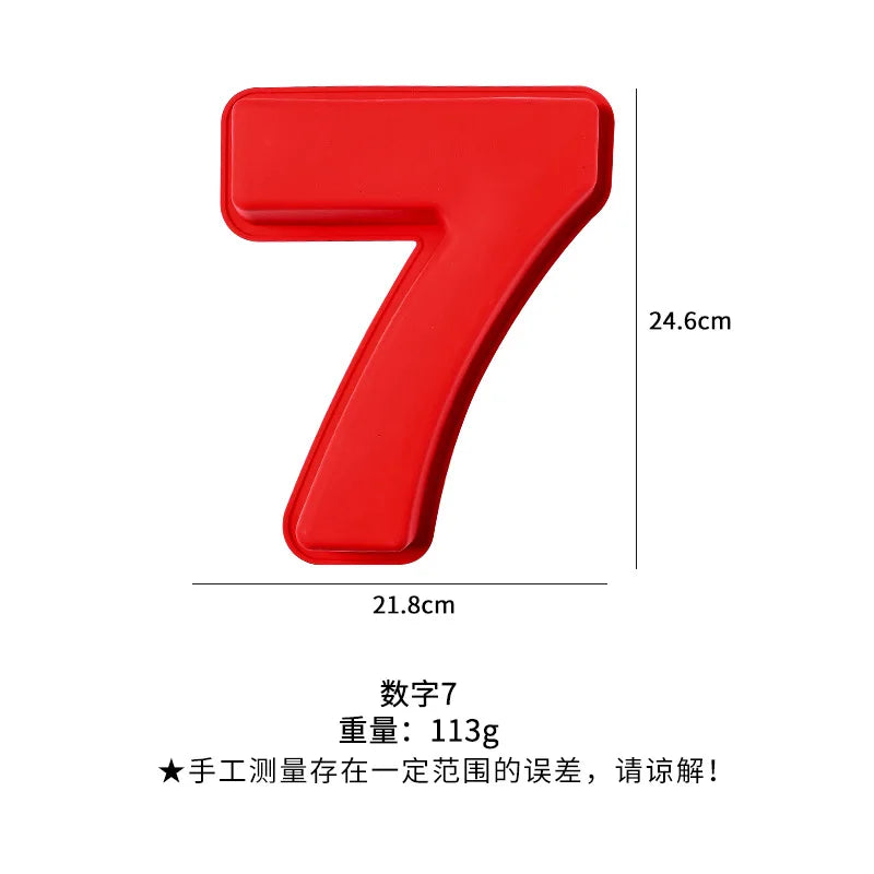 A red silicone number 7 cake mold with dimensions 24.6cm by 21.8cm and a weight of 113g.