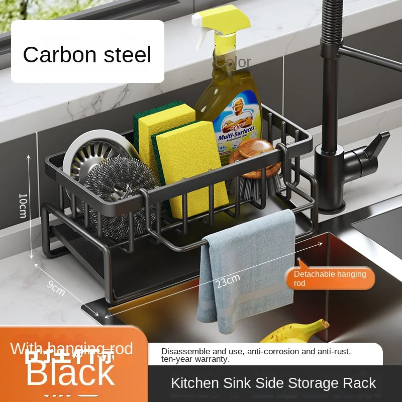 Black carbon steel kitchen sink side storage rack with a detachable hanging rod and drainage tray