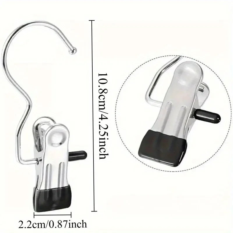 Stainless steel clothespin with a metal hook and black clip for laundry organization