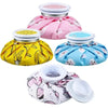 A set of reusable ice and hot water therapy packs in pink and blue patterns.