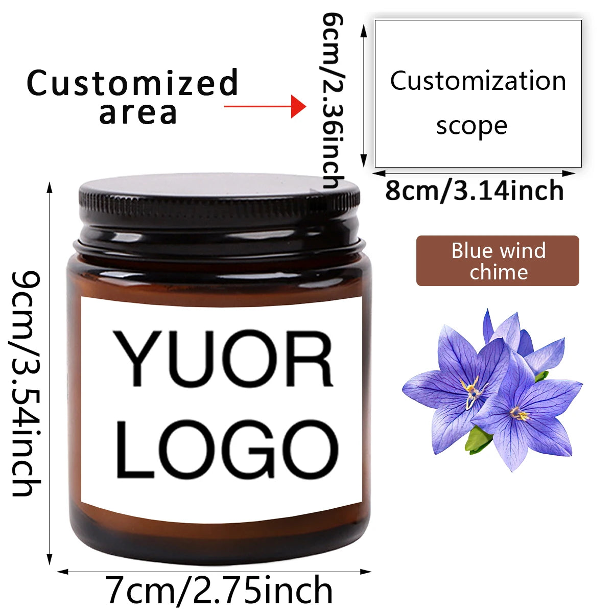 A dark glass jar with a black lid featuring a white logo and a customization area, labeled for a custom photo scented soy can