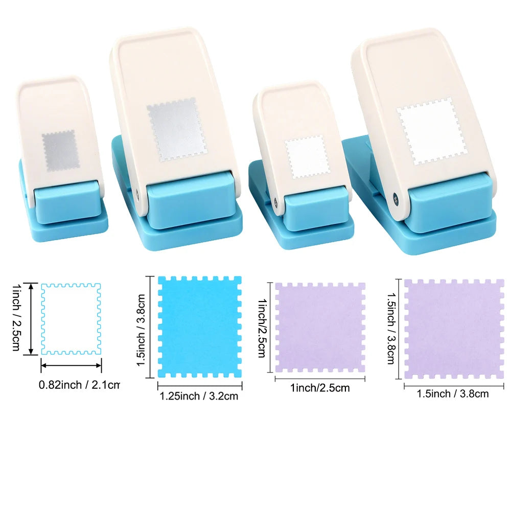 Ein Set von Hebelstempel für Briefmarken in hellen und blauen Farben mit verschiedenen Briefmarkengrößen.
