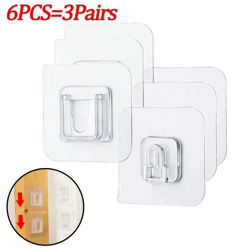Six pairs of white double-sided adhesive wall hooks shown with an inset demonstrating installation.