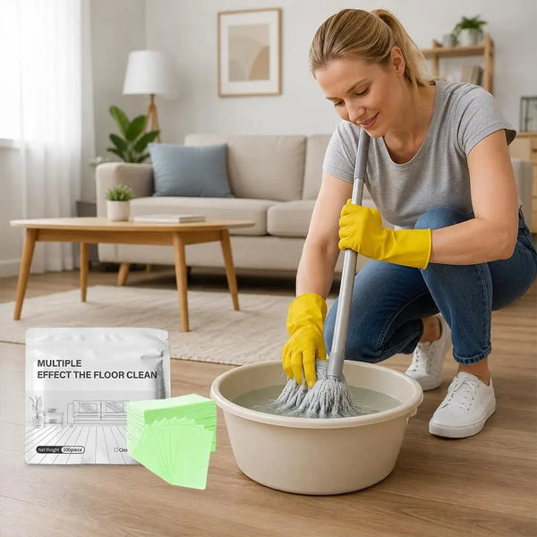 A woman is mopping a floor with a mop and bucket, surrounded by multi-scent floor cleaning tablets.