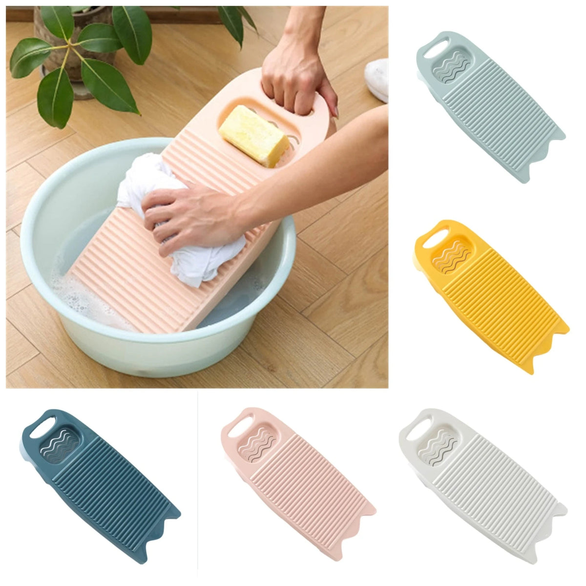 Various colored thickened washboards for laundry tasks shown in different angles