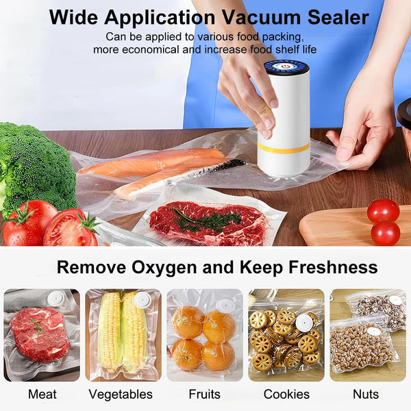 Wide Application Vacuum Sealer shown sealing various foods like meat, vegetables, fruits, cookies, and nuts in plastic bags.