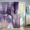 Purple and gold marble abstract fluid texture shower curtain hanging in a bathroom