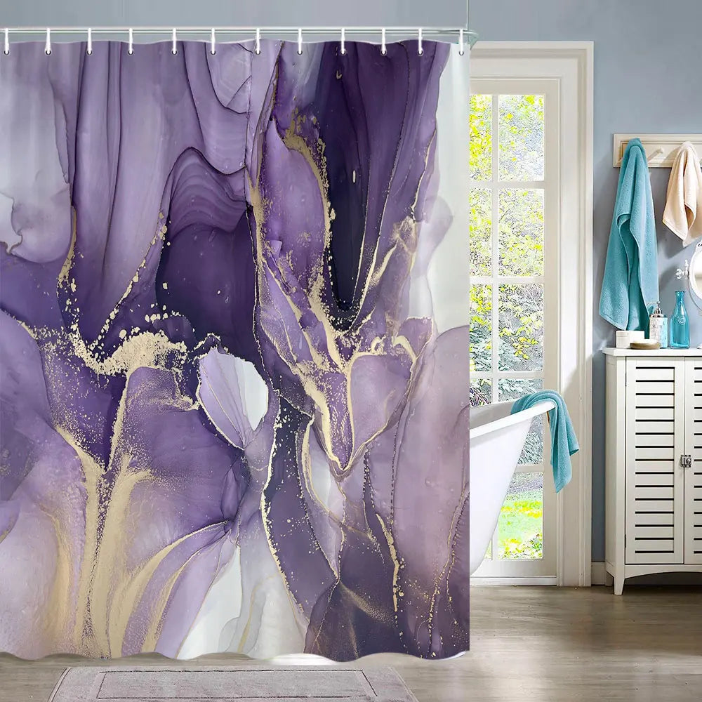 Purple and gold marble abstract fluid texture shower curtain hanging in a bathroom