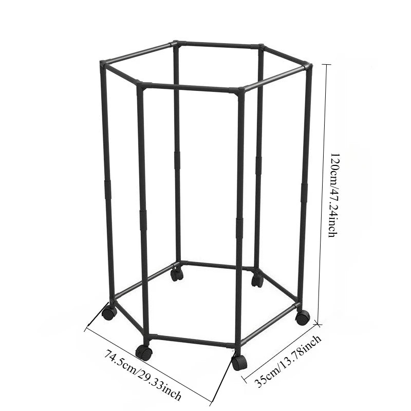 Black rotating hexagon clothes rack with a square base and adjustable height.