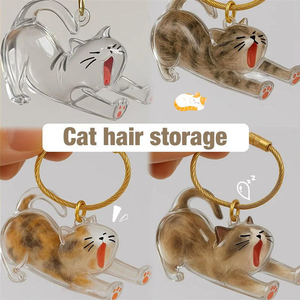A set of cat hair memorial keychains featuring realistic cat figures in clear and brown resin.