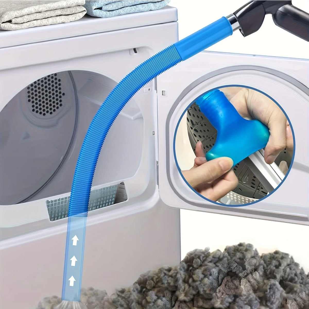 A flexible blue drying hose is shown inserted into a washing machine, with a close-up view of the elastic connector.