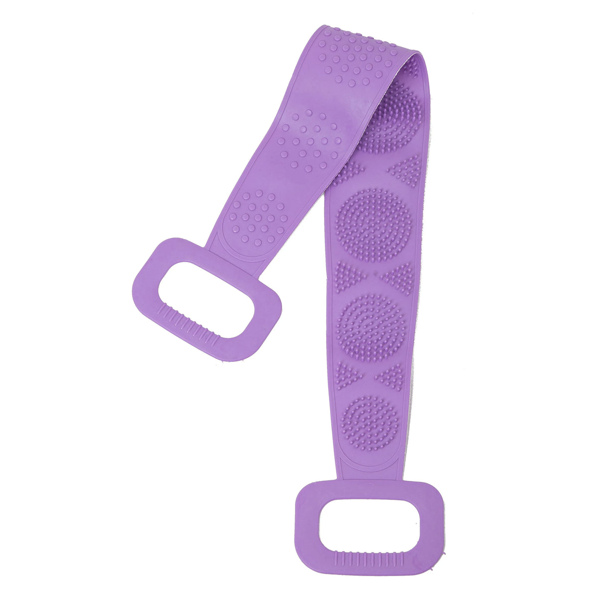 Purple long-handle silicone body scrubber with a detachable loofah.