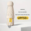 A beige folding UV protection umbrella with a textured grip and an orange label indicating UPF50+