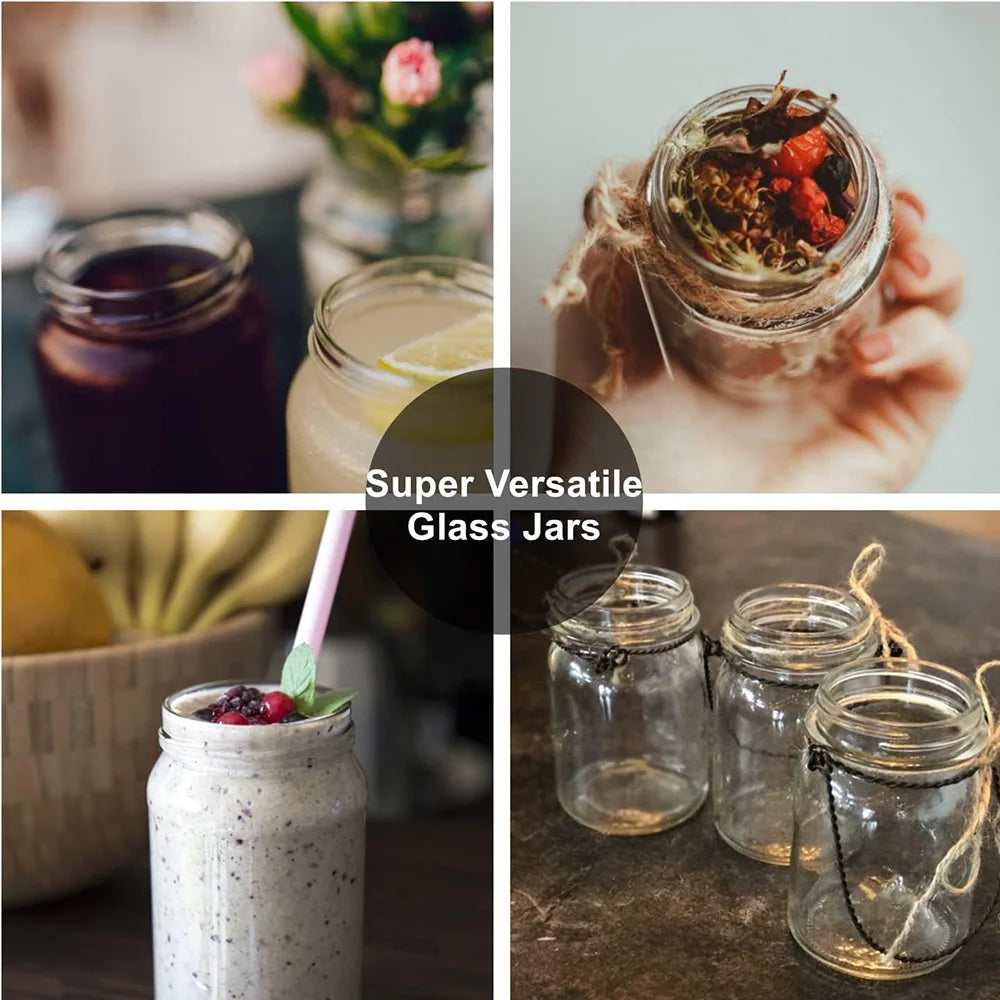 A collection of durable glass juice jars and bottles showing various liquids and ingredients.