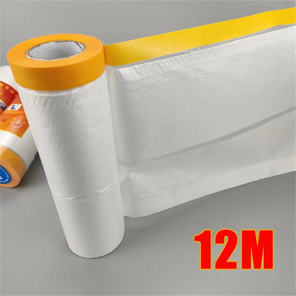 Roll of white pre-taped masking film with a yellow tape edge and a spool visible.