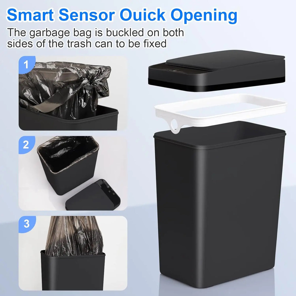 A black automatic motion sensor trash can with a removable lid and a separate tray for garbage bags.