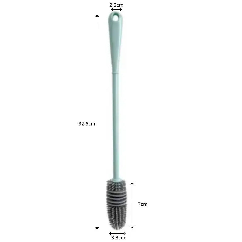 A light blue silicone bottle brush with a long handle and a bristled cleaning head.