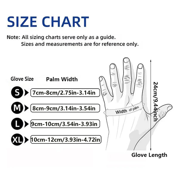Size chart showing glove sizes S through XL with corresponding palm widths and glove lengths.