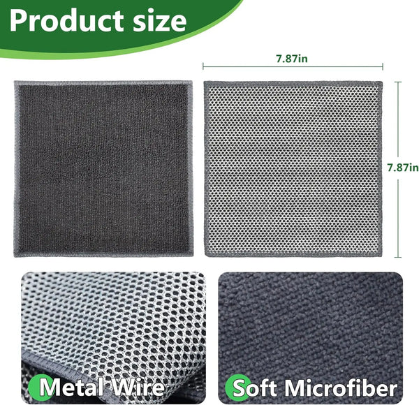 Three types of double-sided non-scratch wire dishcloths shown: a solid gray microfiber, a perforated gray mesh, and a woven s