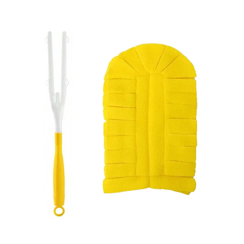 Yellow reusable electrostatic duster refill with a handle and a sponge-like cleaning head.