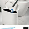 A long-handled disposable toilet brush is shown next to a toilet, with close-ups of the blue non-woven sponge and cleaning cl