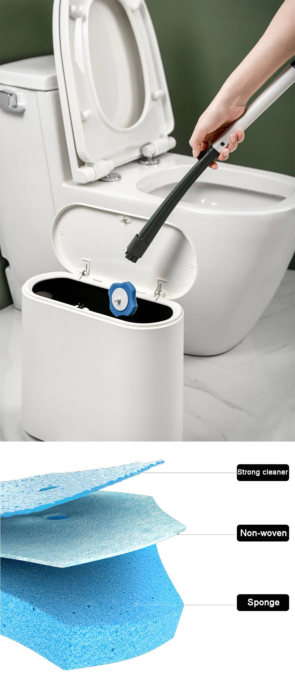 A long-handled disposable toilet brush is shown next to a toilet, with close-ups of the blue non-woven sponge and cleaning cl